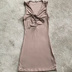 Little tan dress- 32”shoulder to hem. Tie front.